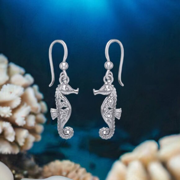 Seahorse Celtic Knot Sterling Silver Earrings - Picture 1 of 4